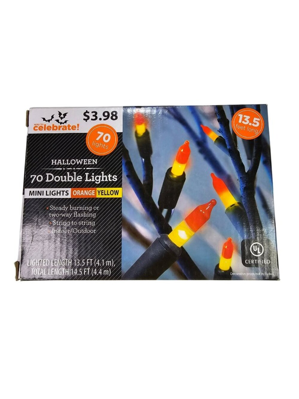 70 Mini Double Lights Steady or Flashing Orange & Yellow Candy Corn 13.5ft NEW